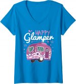 Womens Happy Glamper Caravan Camping Glamping Gear V-neck T-shirt