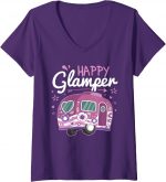 Womens Happy Glamper Caravan Camping Glamping Gear V-neck T-shirt